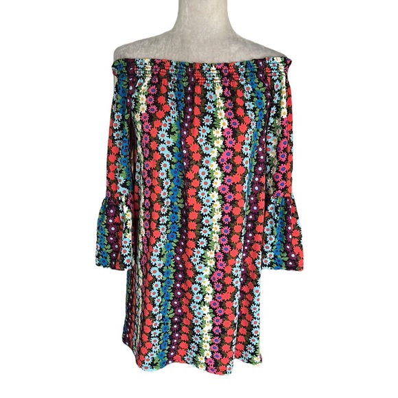 Trina Turk Daisy Floral Bell Sleeve Off the Shoulder Mini Swing Slip Dress - S - Picture 5 of 16